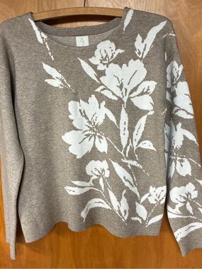 Joie Taupe Crewneck Sweater with White Floral Jacquard